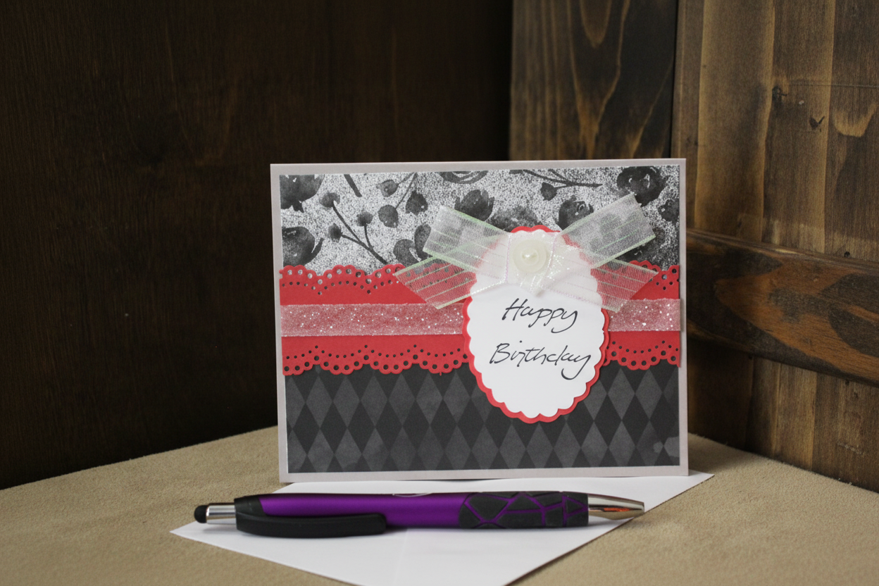 Elegant Birthday Wishes Card – Red, Black, and Lace Touch