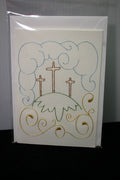 Embroidered Greeting Card Featuring Three Crosses on a Hill w/ Clouds and Swirls