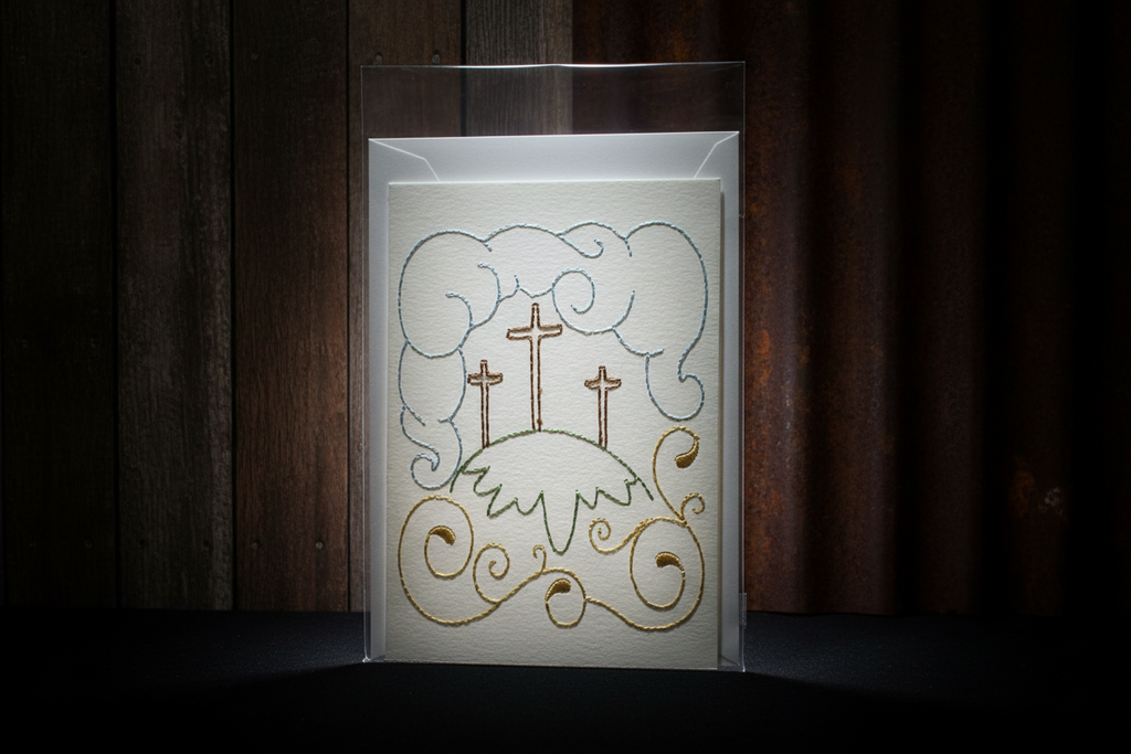 Embroidered Greeting Card Featuring Three Crosses on a Hill w/ Clouds and Swirls