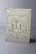 Embroidered Greeting Card Featuring Three Crosses on a Hill w/ Clouds and Swirls