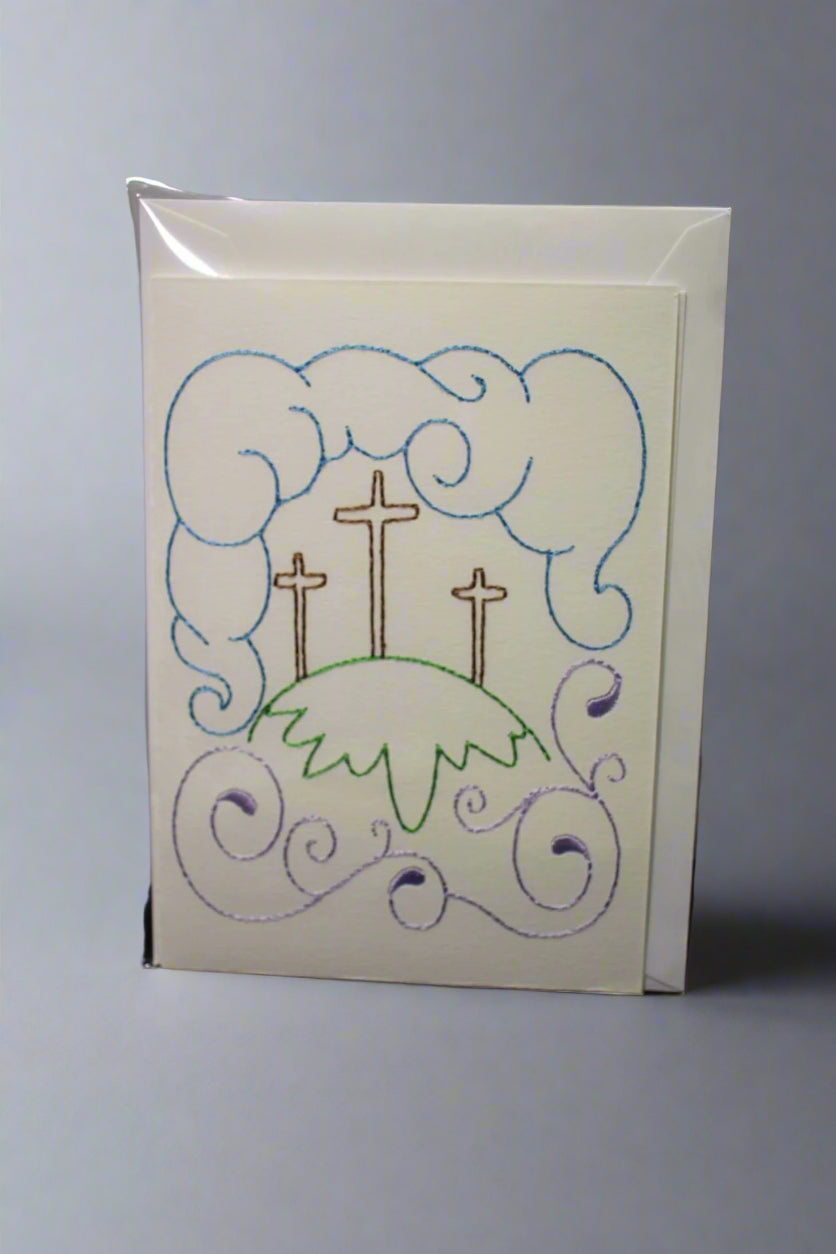 Embroidered Greeting Card Featuring Three Crosses on a Hill w/ Clouds and Swirls