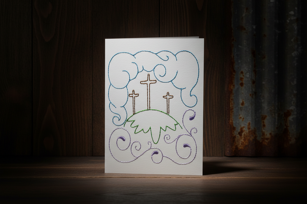 Embroidered Greeting Card Featuring Three Crosses on a Hill w/ Clouds and Swirls