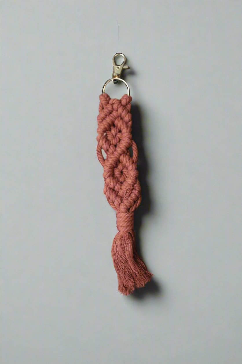 Dusty Plum Macramé Keychain with Tassel and Gold Clip