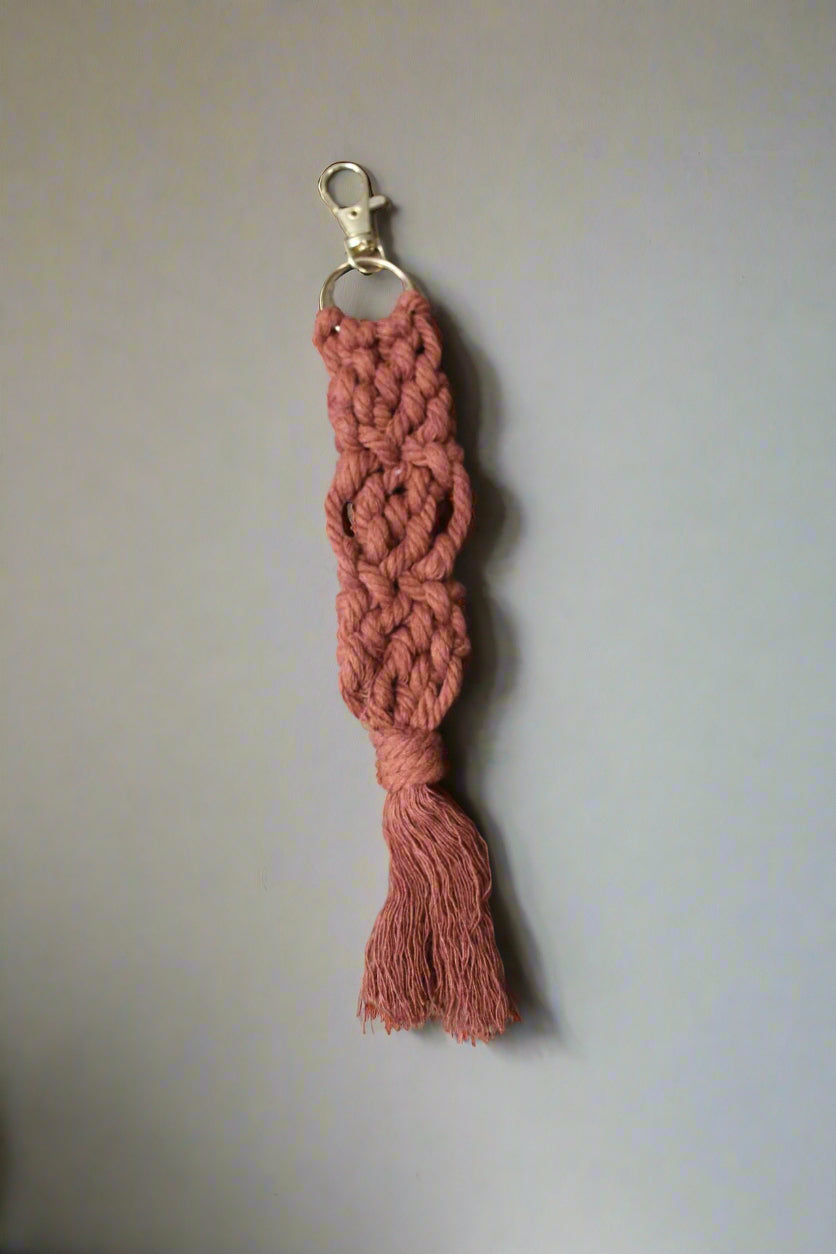 Dusty Plum Macramé Keychain with Tassel and Gold Clip